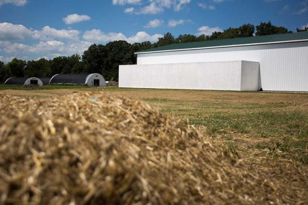 Bales of hay and a Polar King walk-in freezer unit at Seven Sons Farm